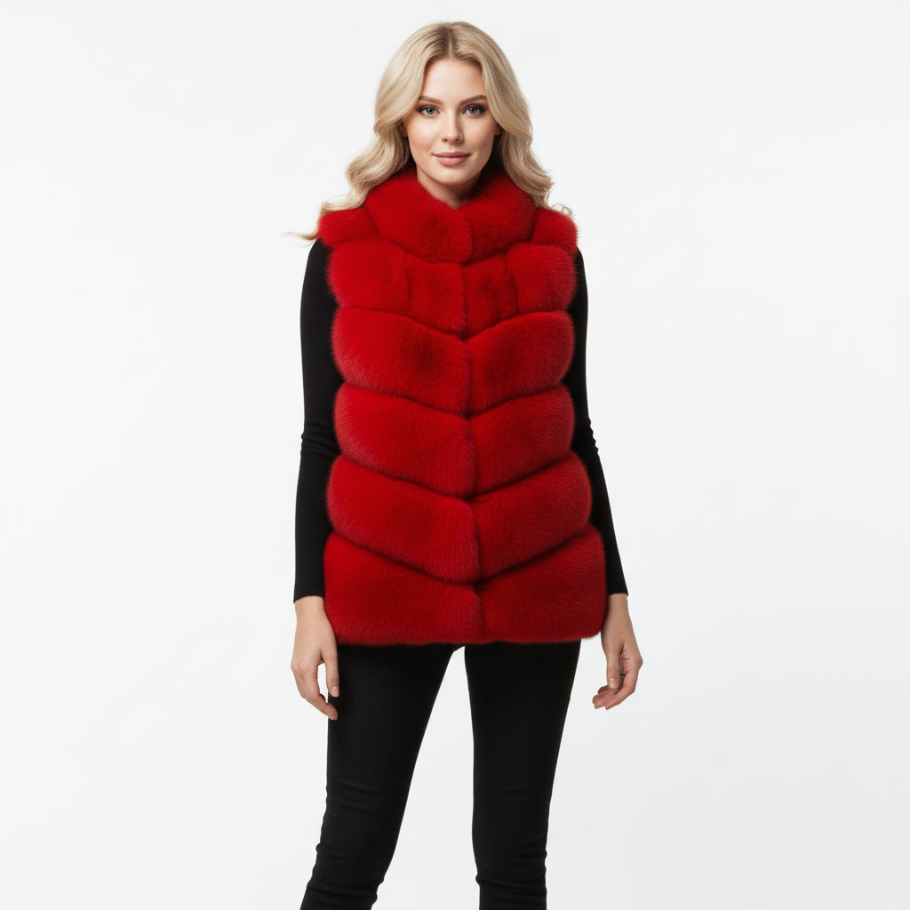 Luxury Faux-Fur Bodywarmer – Soft, Warm & Stylish (Red, White & Grey)